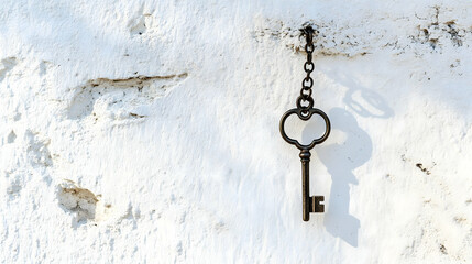 Dramatic black and white photograph of a vintage antique key hanging on a textured grunge wall in a minimalist composition with simple moody and atmospheric tones


