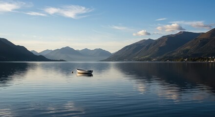 A serene lake with a small boat and mountains in the background at daytime