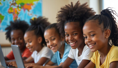 Group of smiling children using laptops in a classroom setting