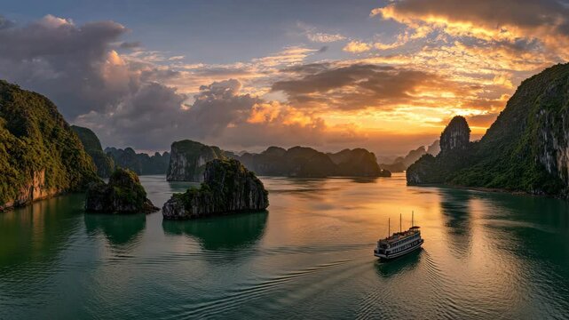 Stunning sunset over Ha Long Bay, Vietnam, with a traditional cruise ship sailing through calm emerald waters surrounded by majestic limestone cliffs. This serene travel scene is ideal for tourism