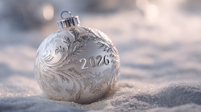 Elegant silver ornament celebrating the year 2026 in a snowy background - Powered by Adobe