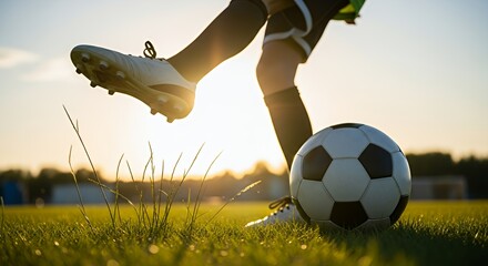 Kicking Soccer Ball on Green Grass Field with Bright Sunlight Glow