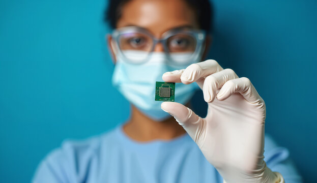 Scientist in protective gear examining a microchip - Powered by Adobe