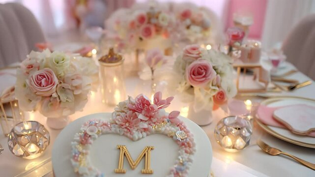 Elegant romantic table setup for a wedding or celebration with pink and white roses, glowing candles, fine tableware, and a custom heart-shaped cake featuring a golden "M". A perfect setting for brida