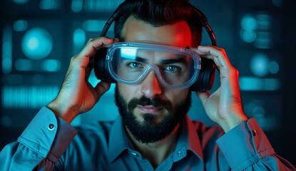 Man wearing protective goggles and headphones, adjusting them with a focused expression against a digital background.