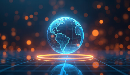 Fototapeta premium Glowing Earth with Digital Ring on Reflective Surface