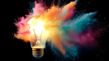 A luminous light bulb exploding with colorful powder clouds, symbolizing a burst of creativity, ideas, and inspiration. Set against a black background, the vivid colors create a striking and imaginati - Powered by Adobe