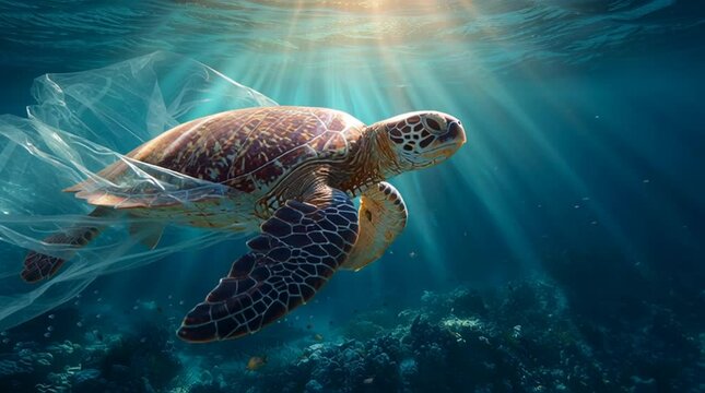 Sea Turtle Swimming with Plastic &ndash; Video Footage
