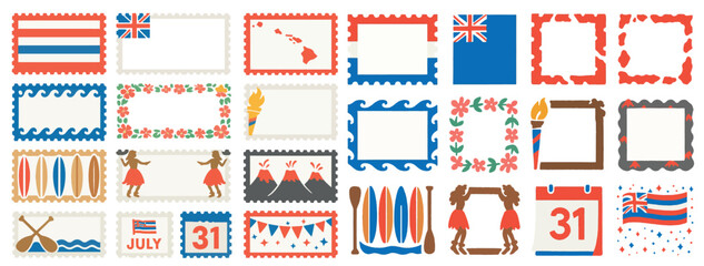 Hawaiian Postage Stamp Frame Set with Cultural and Patriotic Elements