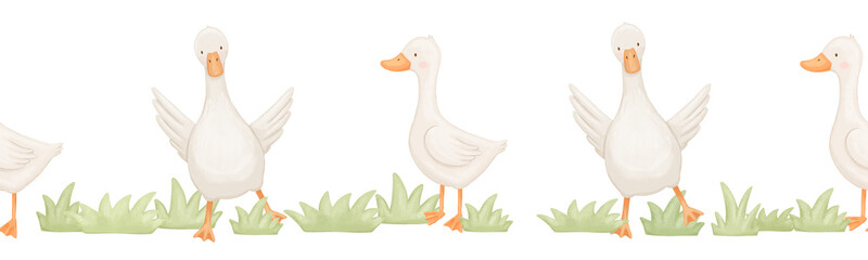 Seamless watercolor border with cute goose in grass. Funny animals in nature. Hand drawn illustrations set