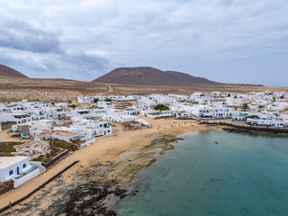La Graciosa Canary Islands, aerial view of town Caleta del Sebo