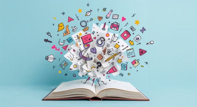 Open book with doodles and icons floating above it on a light blue background in a studio shot