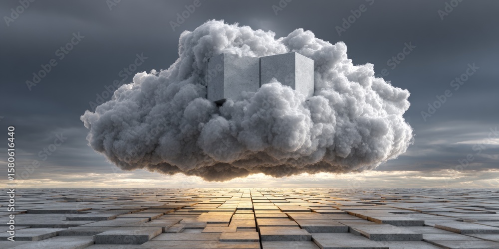 Poster abstract futuristic cloud icon floating above cube server hardware with chaotic electronic devices b