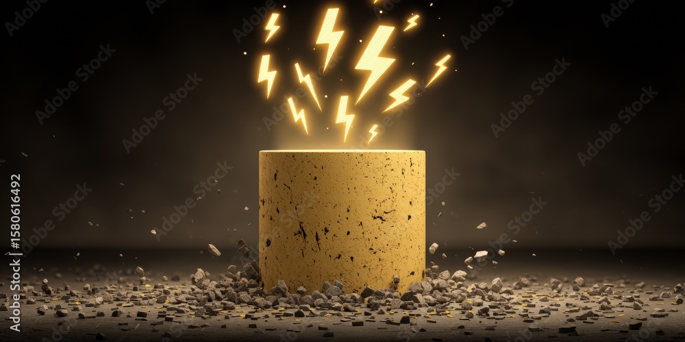Poster clean lines abstract yellow podium pedestal illuminated by glowing lightning within circular frame