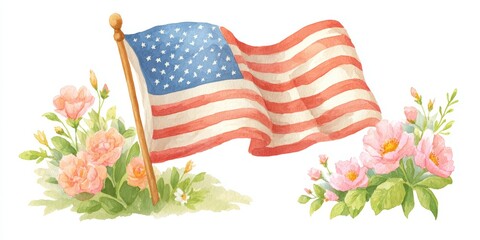 Bright watercolor depiction of a small American flag with clean lines floating on a white background