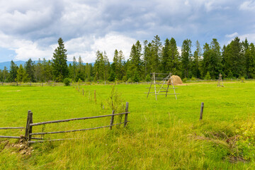 rural hay field near forest. green grass behind the wooden fence. dramatic cloudy weather in...