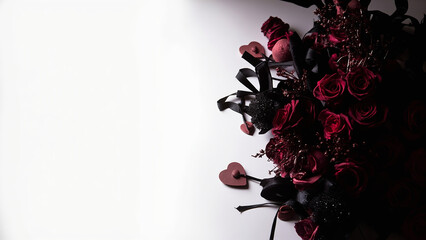 Romantic red rose bouquet with heart decor, Dark floral arrangement with valentine accents, Elegant roses and hearts for love celebration

