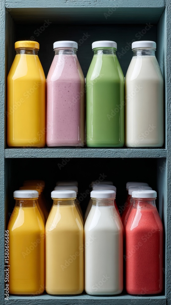 Poster overhead view of assorted milk cartons neatly arranged on supermarket shelves for consumer choice di
