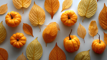 Autumnal Arrangement of Orange Leaves and Pumpkins on White Background
