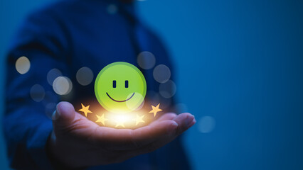 Glowing Green Smiley Face Golden Stars Customer Satisfaction Rating Brand Recommendation System In Action, Blue Background Pleasure