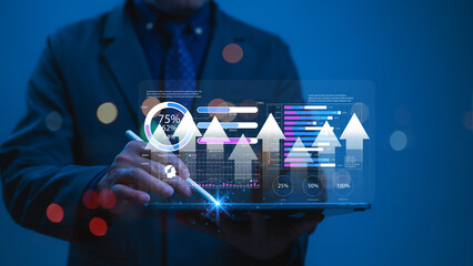Data Driven Decision-Making Businessman Analyzing Digital Data User Insights On Tablet, Leveraging Technology For Business Intelligence Decision-Making With Stylus