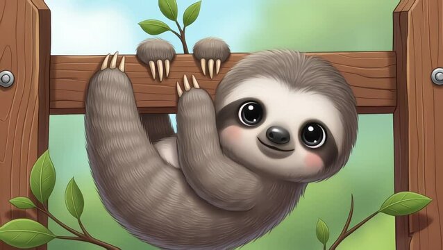 Adorable Cartoon Sloth Hanging on Wooden Fence with Green Leaves.