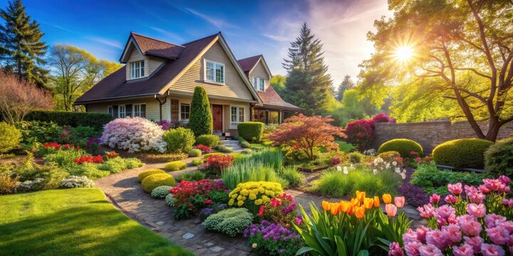 A serene house with lush greenery and vibrant flowers in full bloom surrounded by a picturesque garden on a sunny spring day , outdoor, beautiful garden