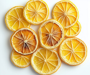 Top view of dried lemon slices arranged on a white background, showcasing textures and color variations. Perfect for food styling, natural products, or culinary-themed visuals