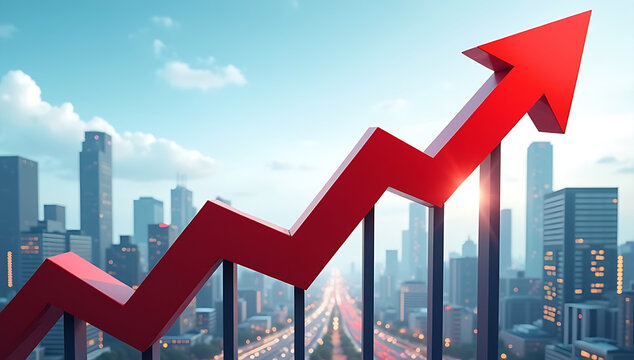 business graph with red arrow, A cityscape at dusk with a towering skyline and a prominent upward arrow, symbolizing rising trends, in vivid 4K and HD resolution.

