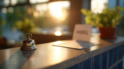 Daylight Hotel Reception with Bell and Warm Atmosphere