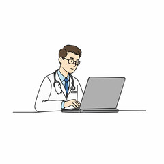 Doctor typing report on laptop while sitting at desk indoors  