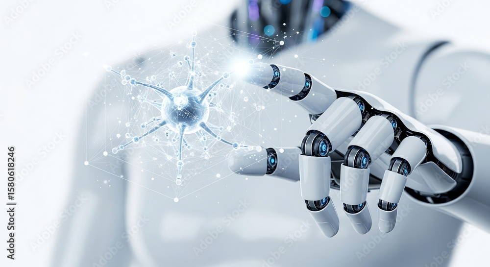 Poster futuristic robot hand and digital neural network
