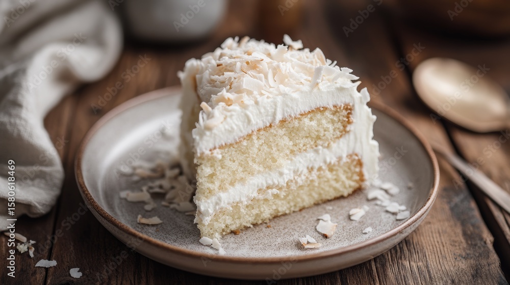Poster close up view of a slice of moist coconut cake with fluffy white frosting and shredded coconut flake