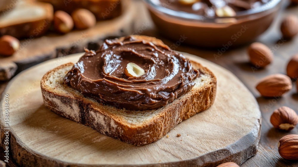 Poster close up view of a slice of bread topped with creamy homemade chocolate hazelnut spread on a rustic 