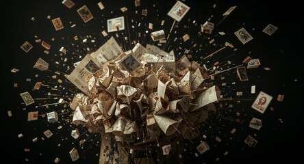 A chaotic explosion of vintage stamps and paper against a dark background in a dynamic composition