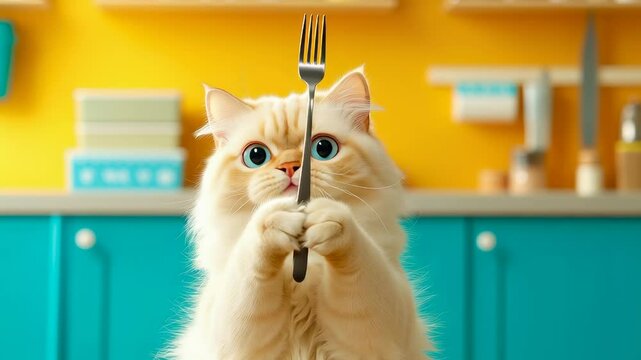 Fluffy cream-colored cat sitting upright, holding fork between paws in kitchen, looking directly at camera with wide blue eyes. Playful pose mimicking human dining behavior.
