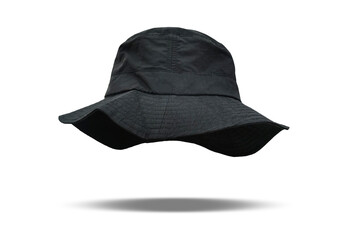 Black bucket hat floating on white background.