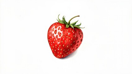 ingle Red Strawberry on White Background. A single, ripe red strawberry, with its green stem and leaves, isolated against a stark white background. The strawberry shows texture and detail