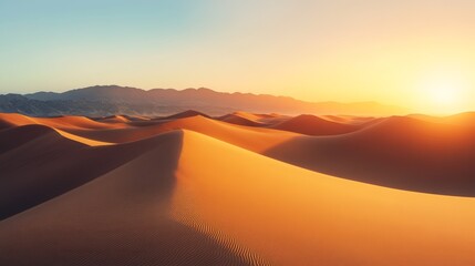 Golden hour desert landscape with sweeping dunes under clear warm sky and soft light