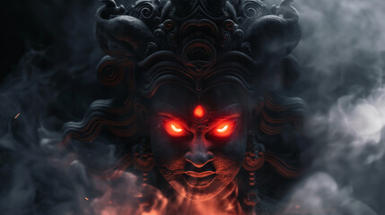 Dark-themed Durga idol with glowing red eyes and smoky temple light