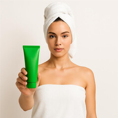 Young woman with cream mockup and towel