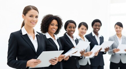 Smiling Diverse Businesswomen Team Standing With Documents