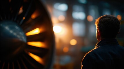Professional Inside Aircraft Hangar Scene with Engine and Sunlight