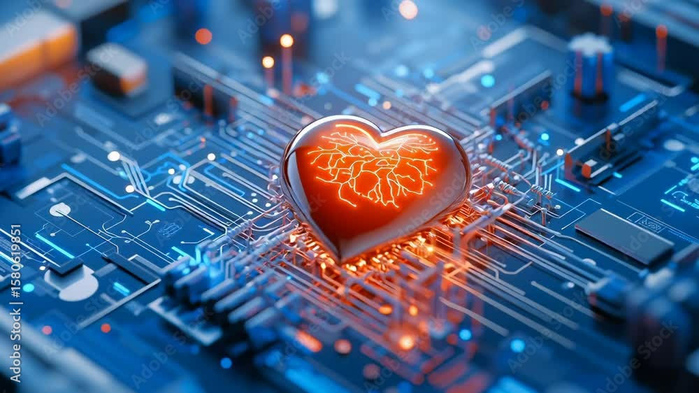 Aufkleber glowing red heart shape integrated into complex circuit board with intricate electronic pathways, sy