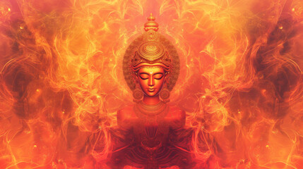 Fototapeta premium Durga idol emerging from abstract fire mandala