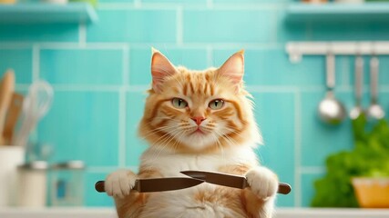Orange tabby cat holding kitchen knives in playful pose against turquoise kitchen background. Cat appears content and humorous, gripping utensils with raised paws. - Powered by Adobe