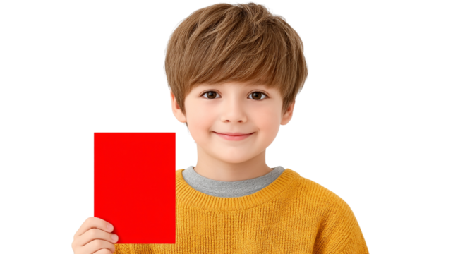 Smiling boy holding a red card isolated on transparent background