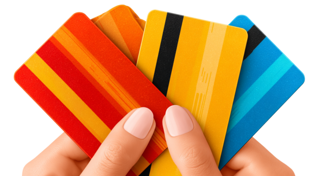 Hands holding colorful credit cards isolated on transparent background - Powered by Adobe