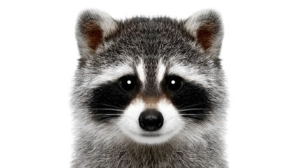 Adorable raccoon face isolated on transparent background looks directly ahead