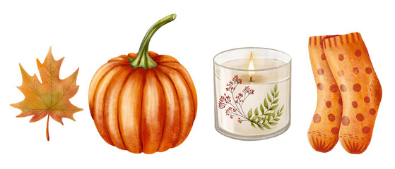 Fall illustration set of maple leaf, pumpkin, candle, socks. Hand-painted in a cozy watercolor style, perfect for fall decor, seasonal cards and warm home design.